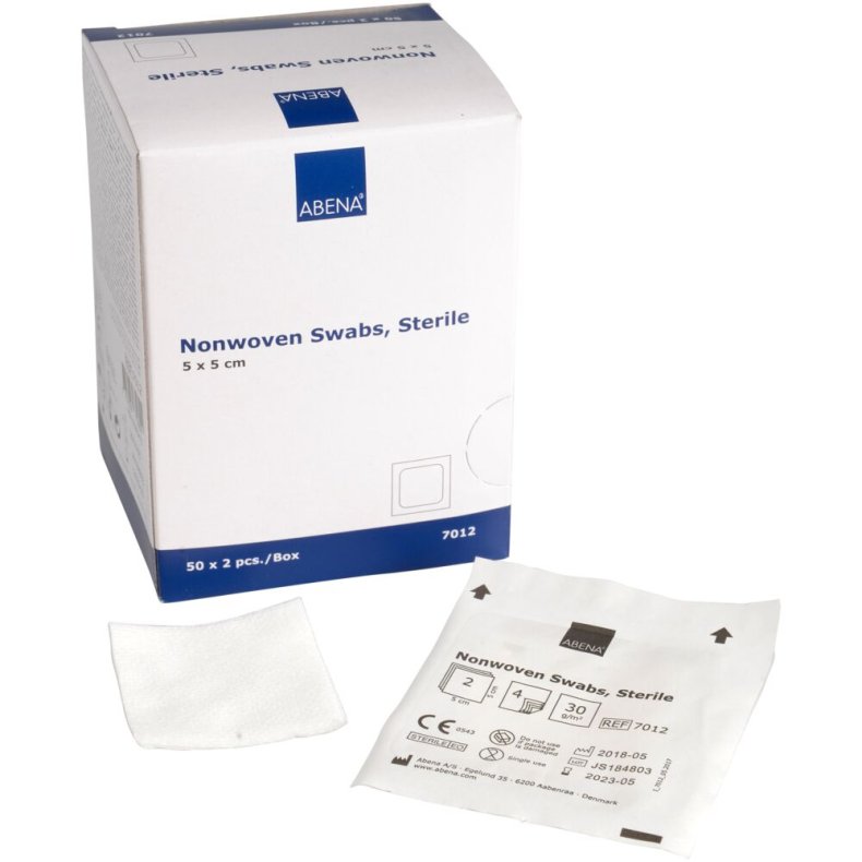Kompres, nonwoven, ABENA, 4-lags, 5x5cm, hvid, 2 stk./pouch, latexfri, steril